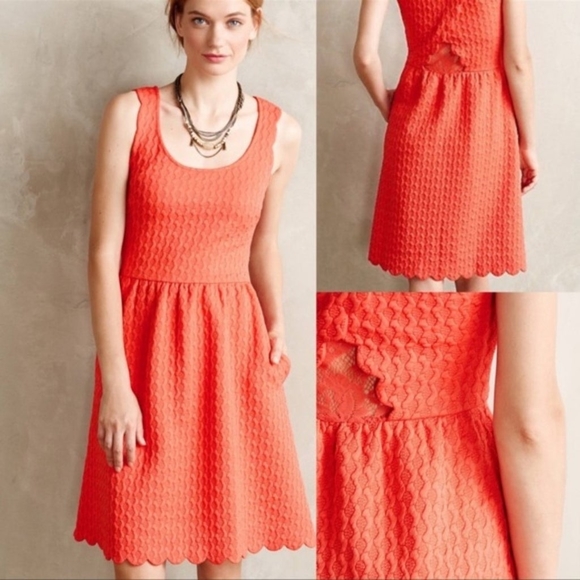 Maeve Anthropologie Quilted Scallop Coral Caye Lace Orange Dress Pockets, M - Picture 2 of 4